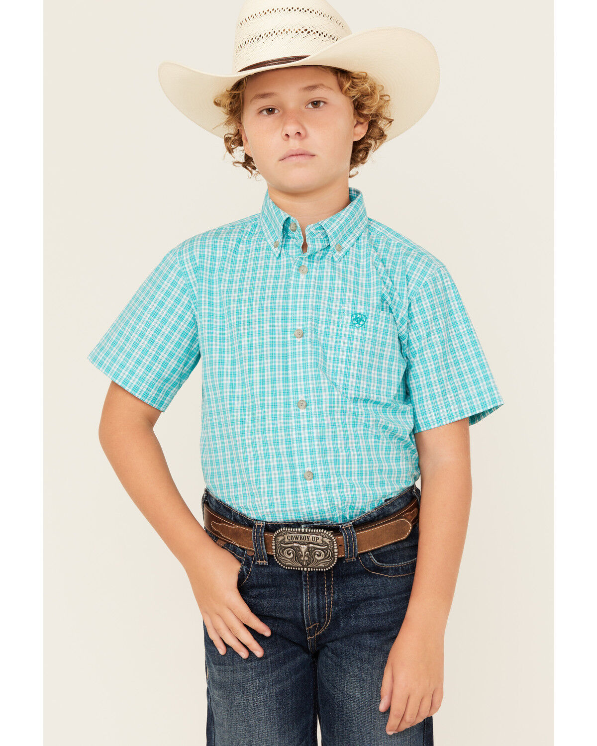 Image #1 - Ariat Boys' Pro Jensen Plaid Print Short Sleeve Button-Down Western Shirt, , hi-res
