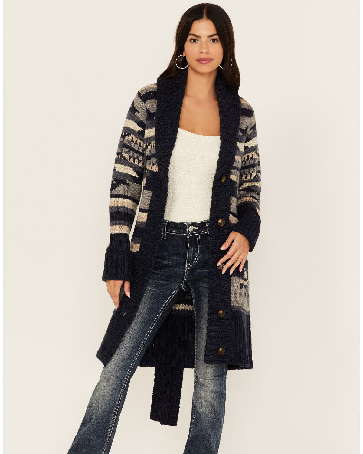 Image #2 - Stetson Women's Southwestern Print Shawl Cardigan, Blue, hi-res