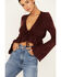 Wild Moss Women's Tie Front Cropped Cardigan Sweater, Burgundy, hi-res