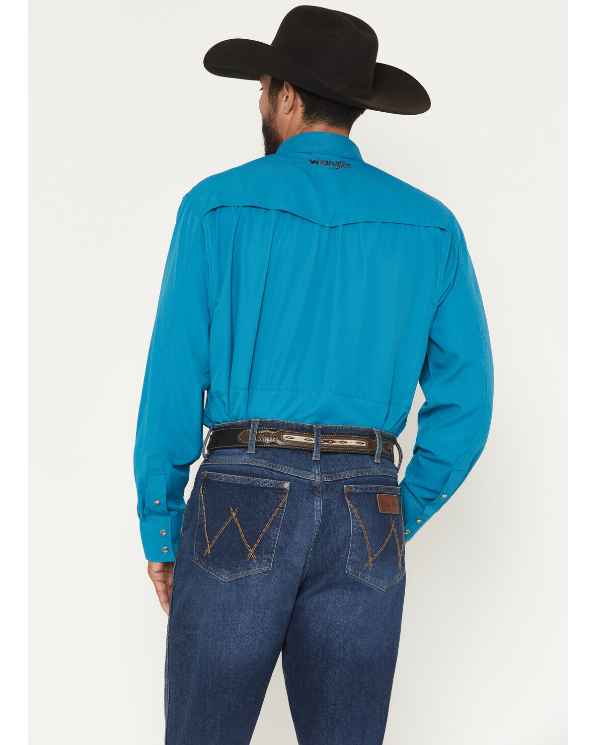 Image #4 - Wrangler Men's Solid Long Sleeve Snap Performance Western Shirt, Teal, hi-res