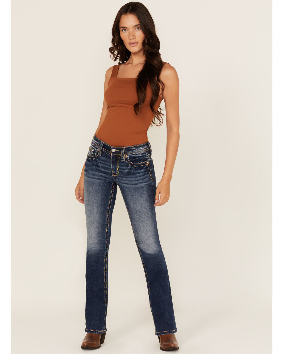 Image #3 - Miss Me Women's Dark Wash Mid Rise Leaf Pocket 32" Bootcut Stretch Denim Jeans, Dark Wash, hi-res