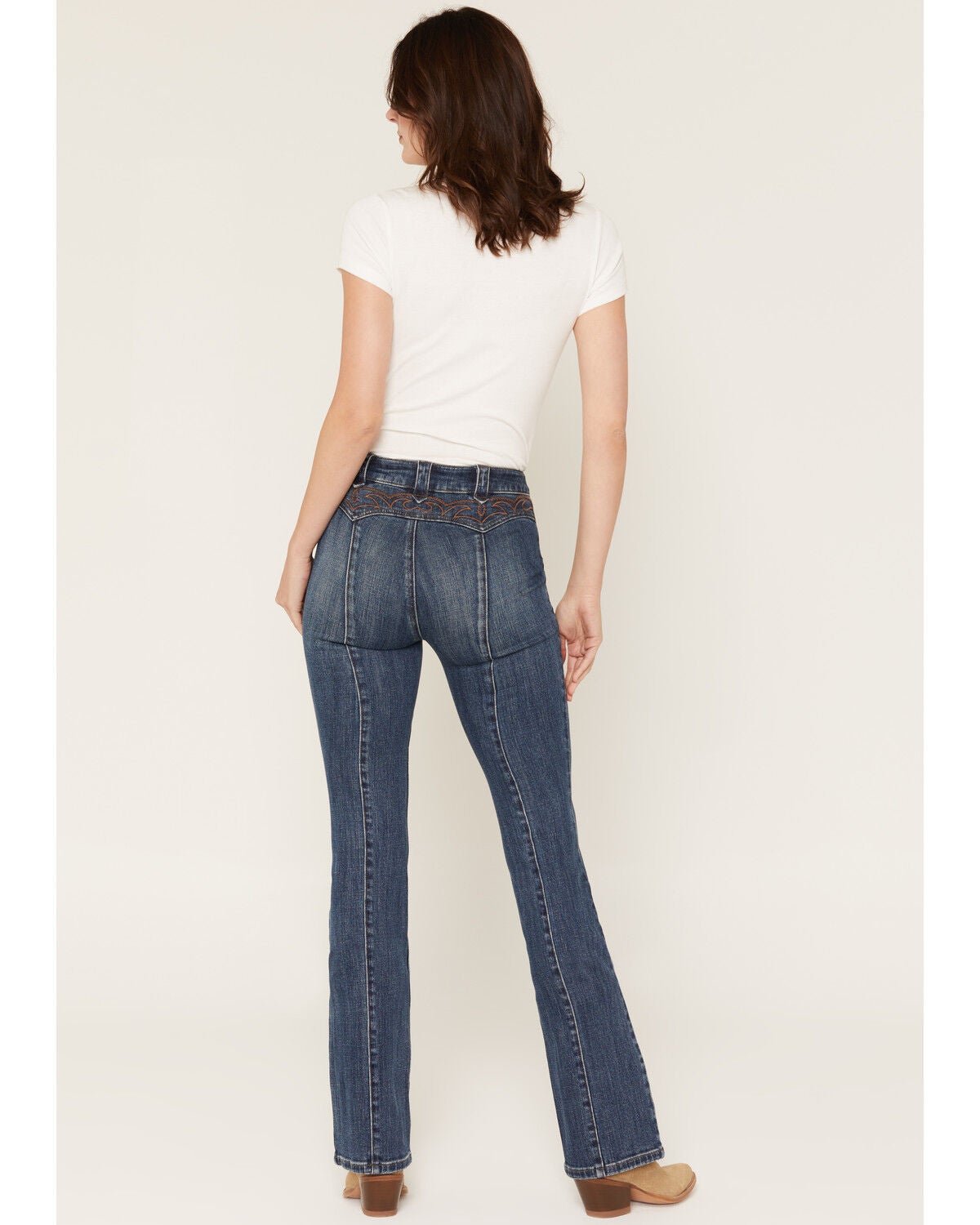 Image #3 - Idyllwind Women's Legend High Rise Eastview Bootstitch Yoke Flare Stretch Denim Jeans, Medium Dark Wash, hi-res