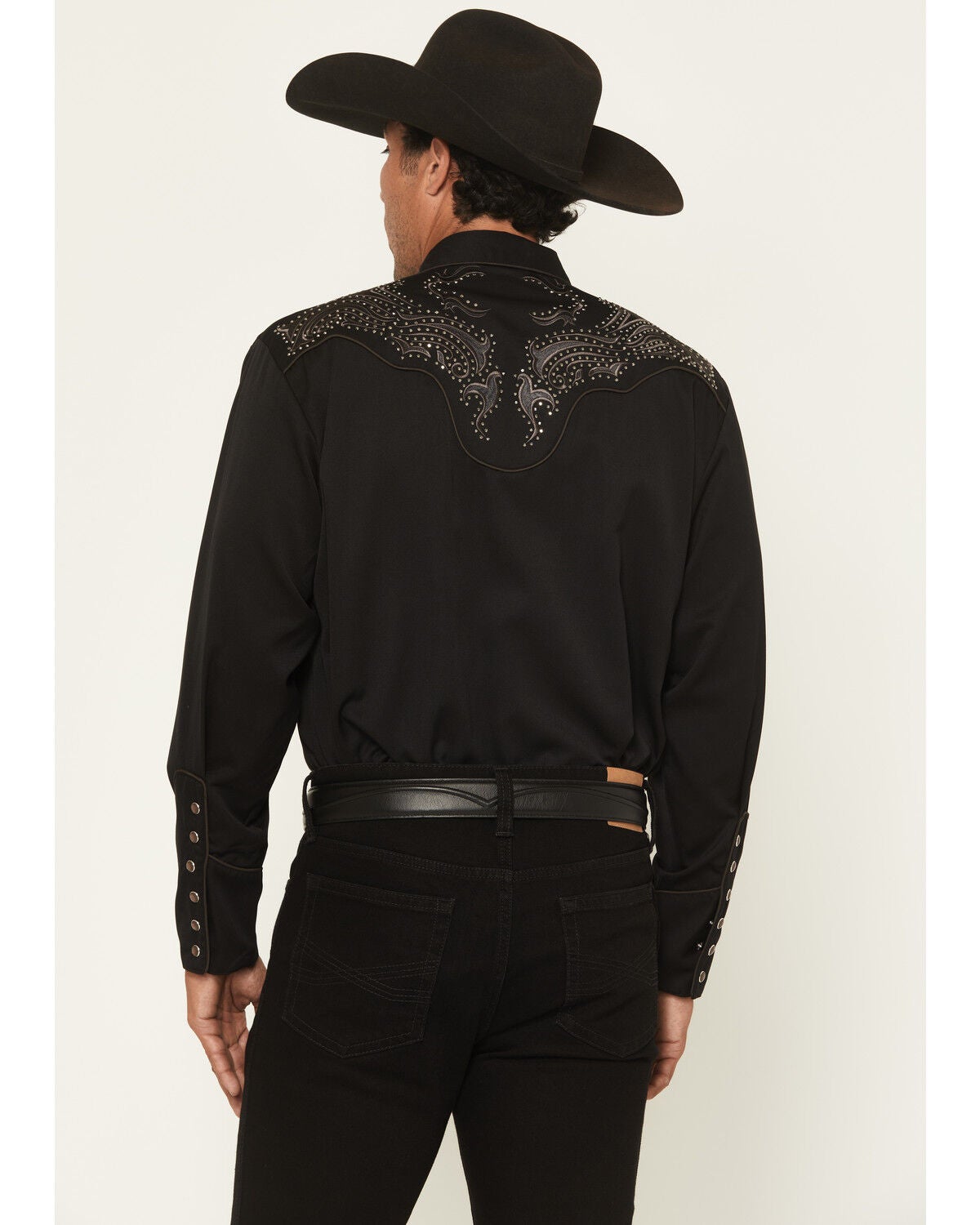Image #4 - Scully Men's Embellished Solid Long Sleeve Pearl Snap Western Shirt, Black, hi-res