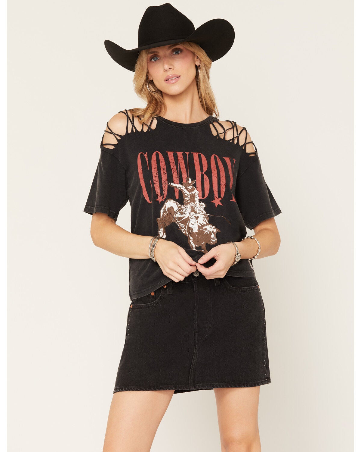 Image #1 - Nikxie Women's Icon Cut Out Shoulders Short Sleeve Graphic Tee, Black, hi-res