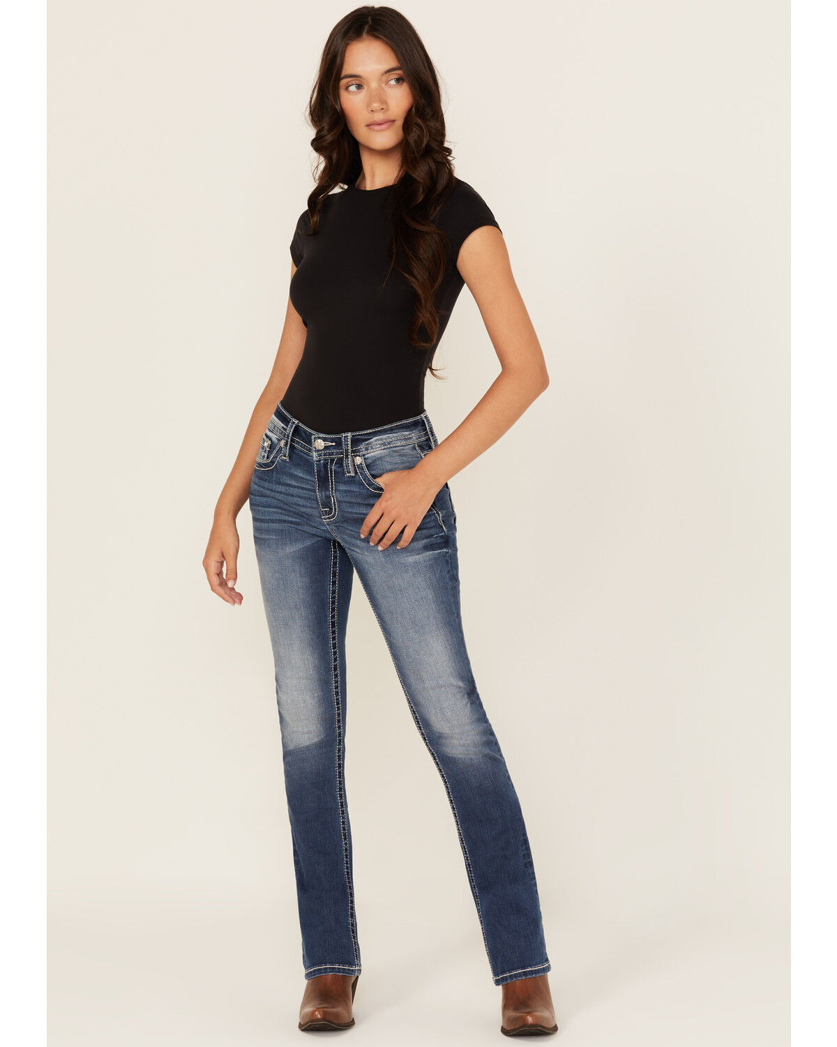 Image #3 - Miss Me Women's Dark Wash Mid Rise Cross Pocket Slim 32" Bootcut Stretch Denim Jeans, Medium Wash, hi-res