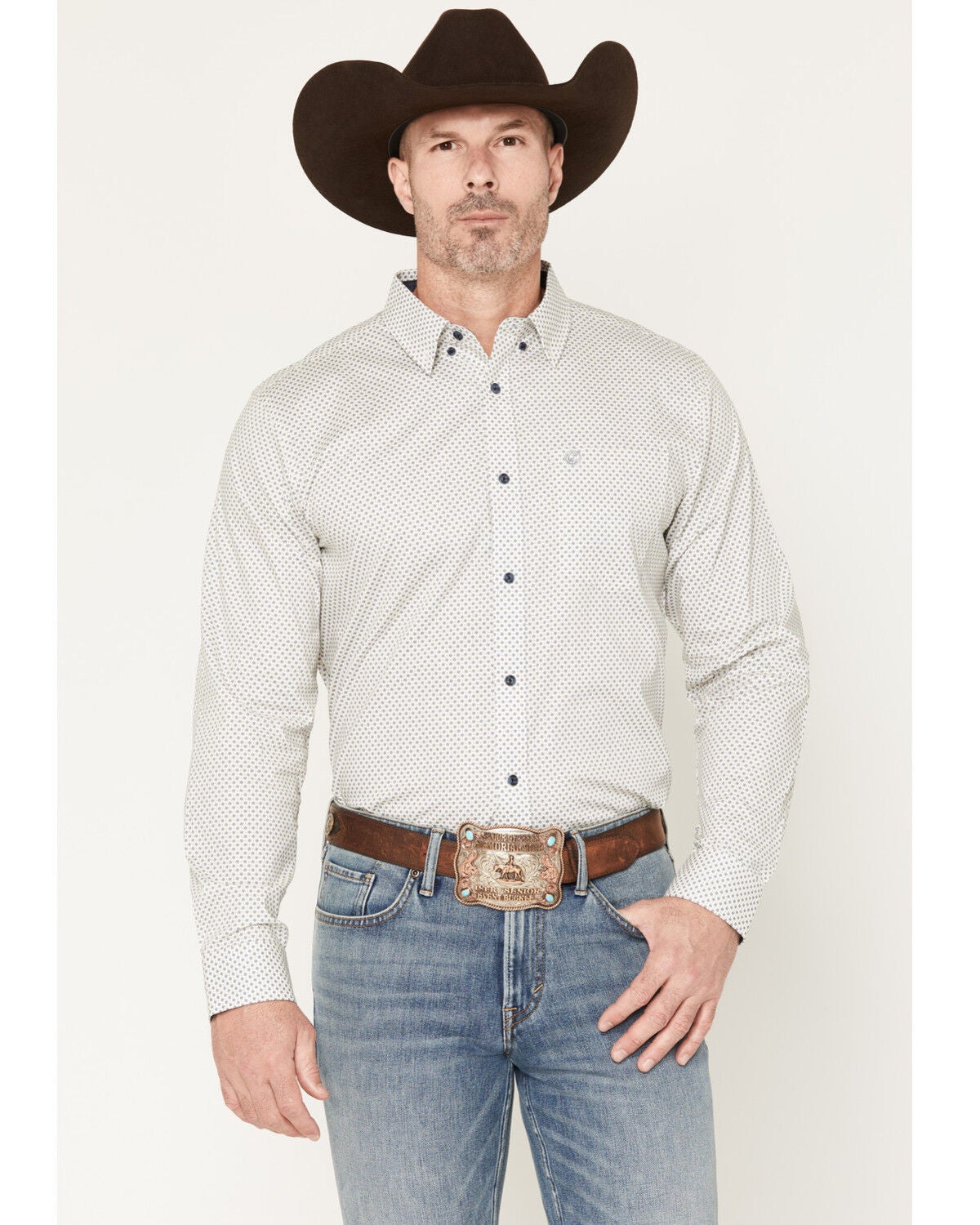 Image #1 - Cody James Men's NFR Geo Print Long Sleeve Button-Down Stretch Western Shirt - Big, White, hi-res