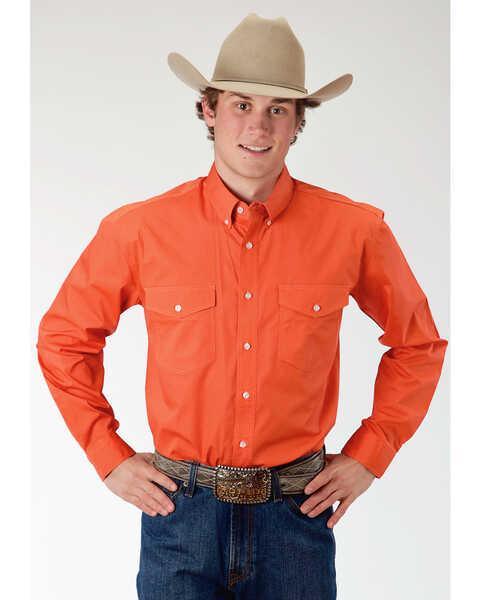 Image #1 - Roper Men's Solid Long Sleeve Button Down Western Shirt, Orange, hi-res