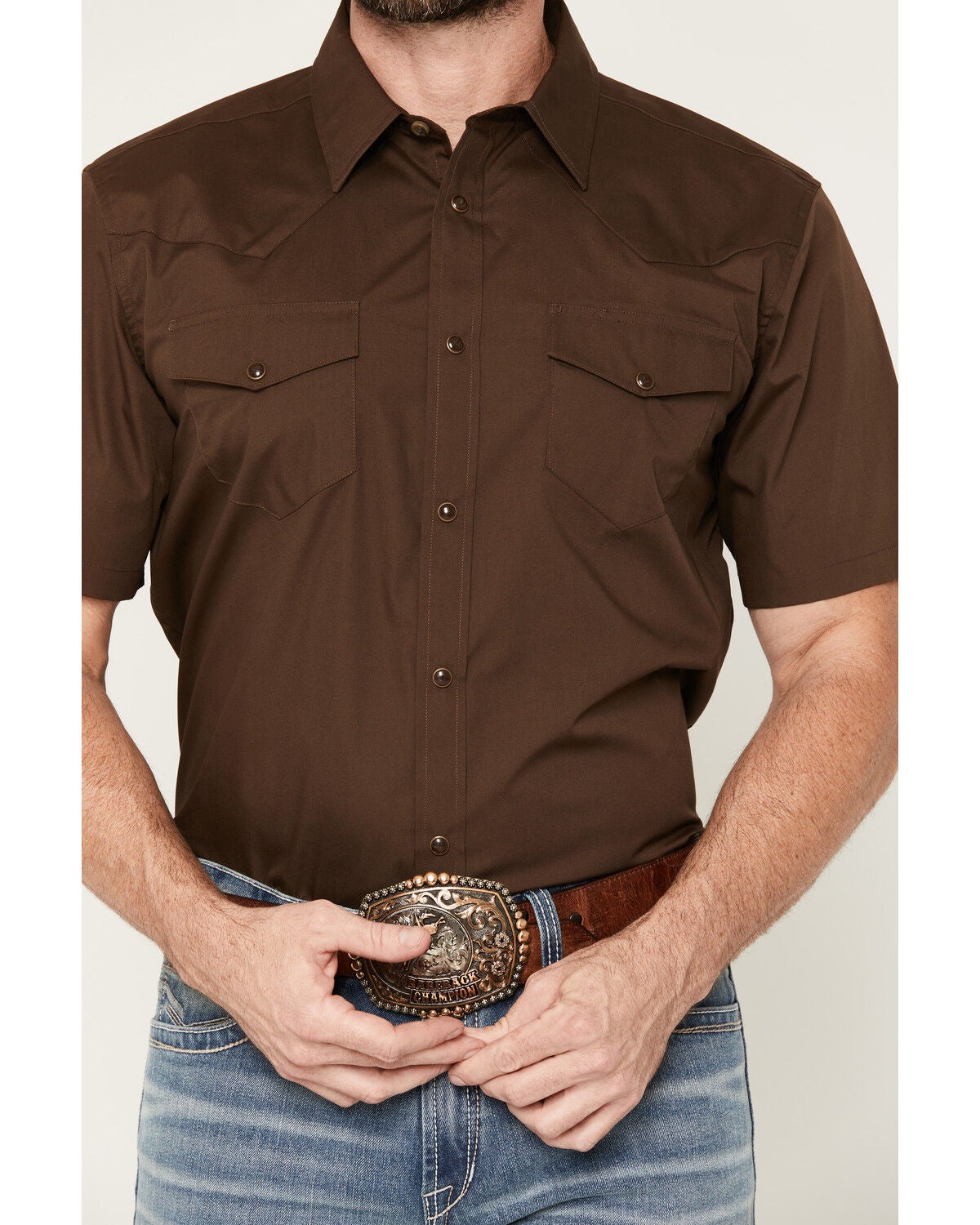 Image #3 - Gibson Trading Co Men's Solid Short Sleeve Snap Western Shirt, Dark Brown, hi-res