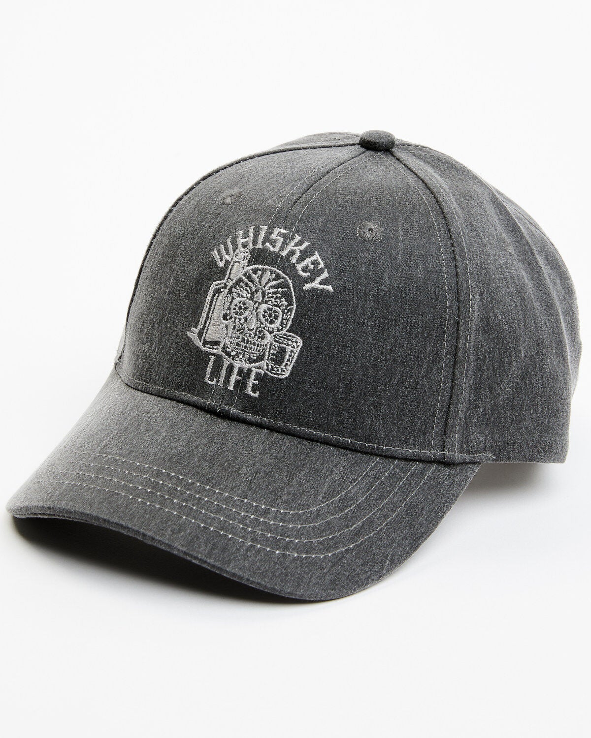 Moonshine Spirit&reg; Men's Embroidered Whiskey Life Skull Solid Ball Cap, Grey, hi-res