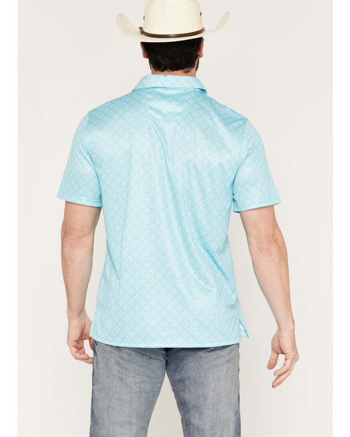 Image #4 - Panhandle Slim Men's Medallion Print Short Sleeve Pearl Snap Performance Polo, Turquoise, hi-res