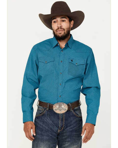Rodeo Clothing Men's Geo Print Long Sleeve Snap Western Shirt, Teal, hi-res