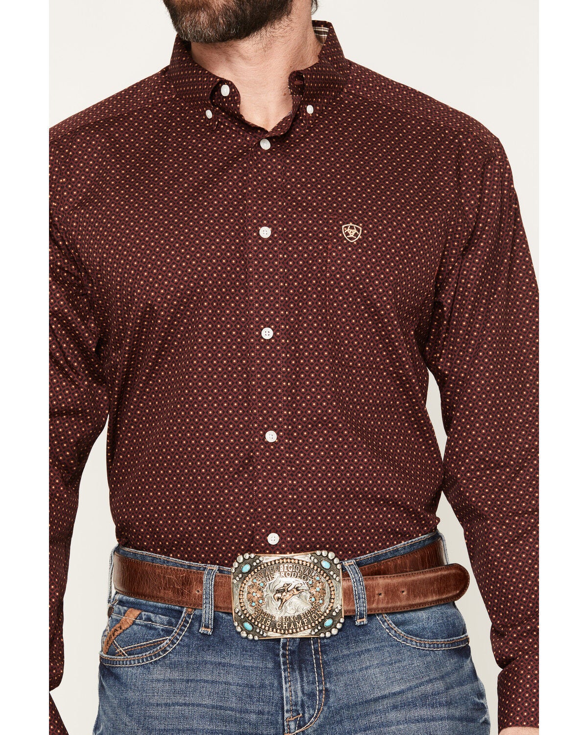 Image #3 - Ariat Men's Reliance Wrinkle Free Geo Print Long Sleeve Button-Down Western Shirt, Burgundy, hi-res