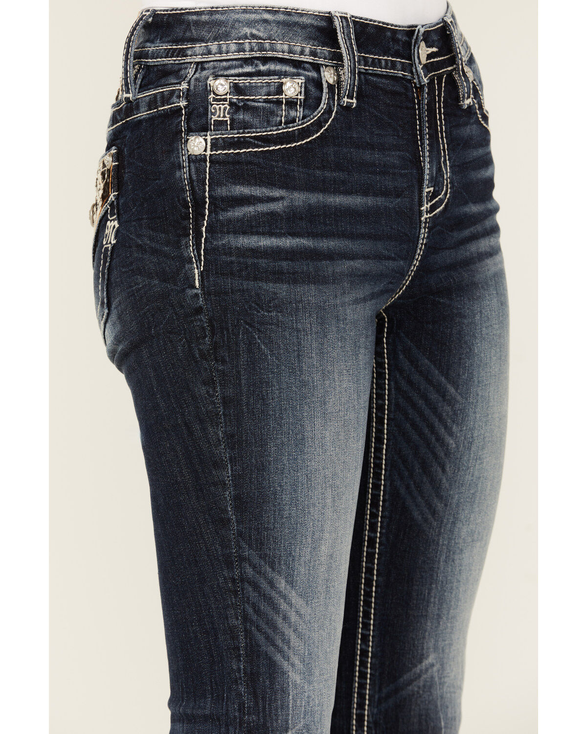 Image #4 - Miss Me Women's Medium Wash Mid Rise Cow Print Pocket Bootcut Stretch Denim Jeans, , hi-res