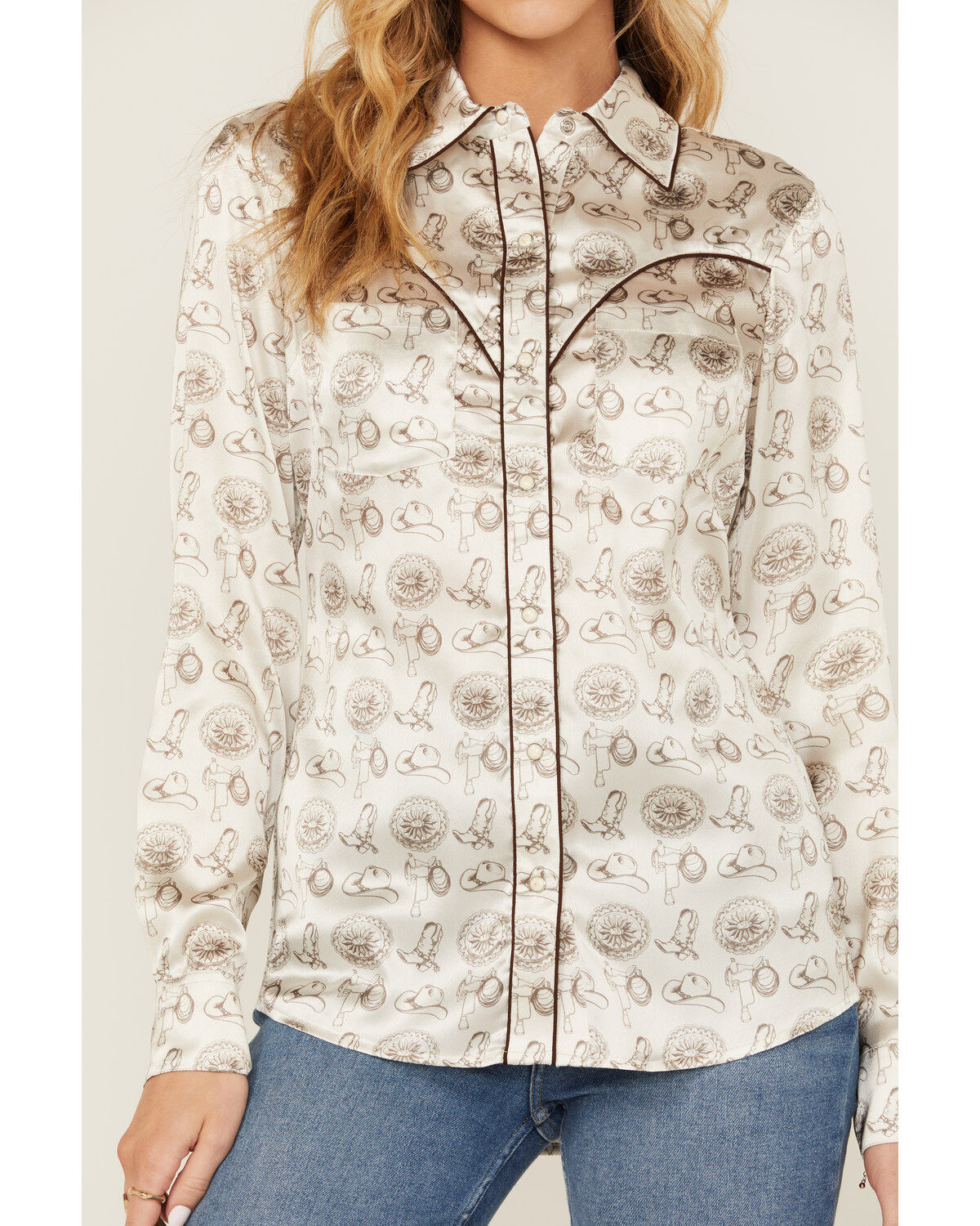 Image #3 - Rock & Roll Denim Women's Conversational Print Long Sleeve Fringe Snap Western Shirt, Black, hi-res