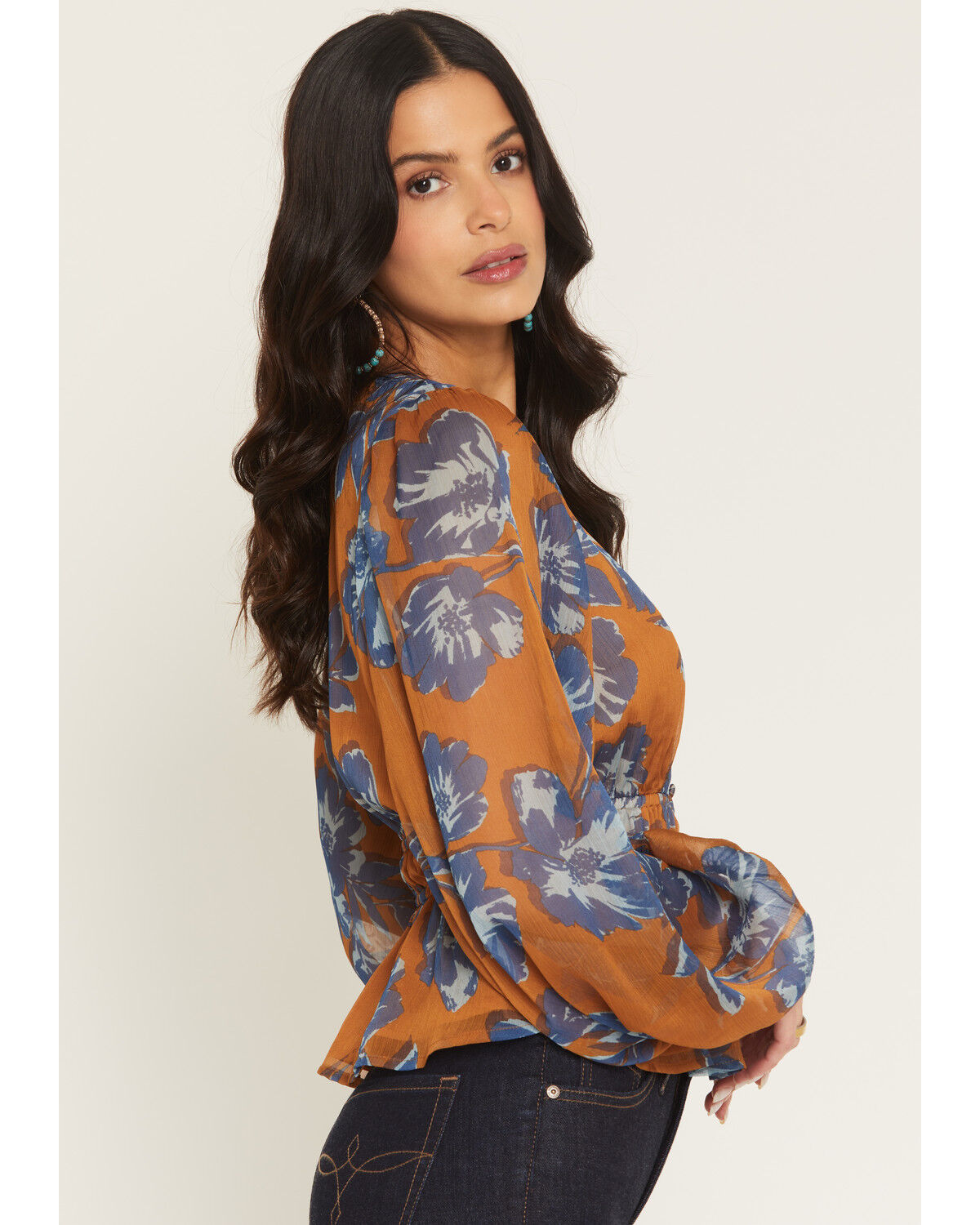 Image #2 - Shyanne Women's Floral Print Long Sleeve Chiffon Shirt, Pecan, hi-res