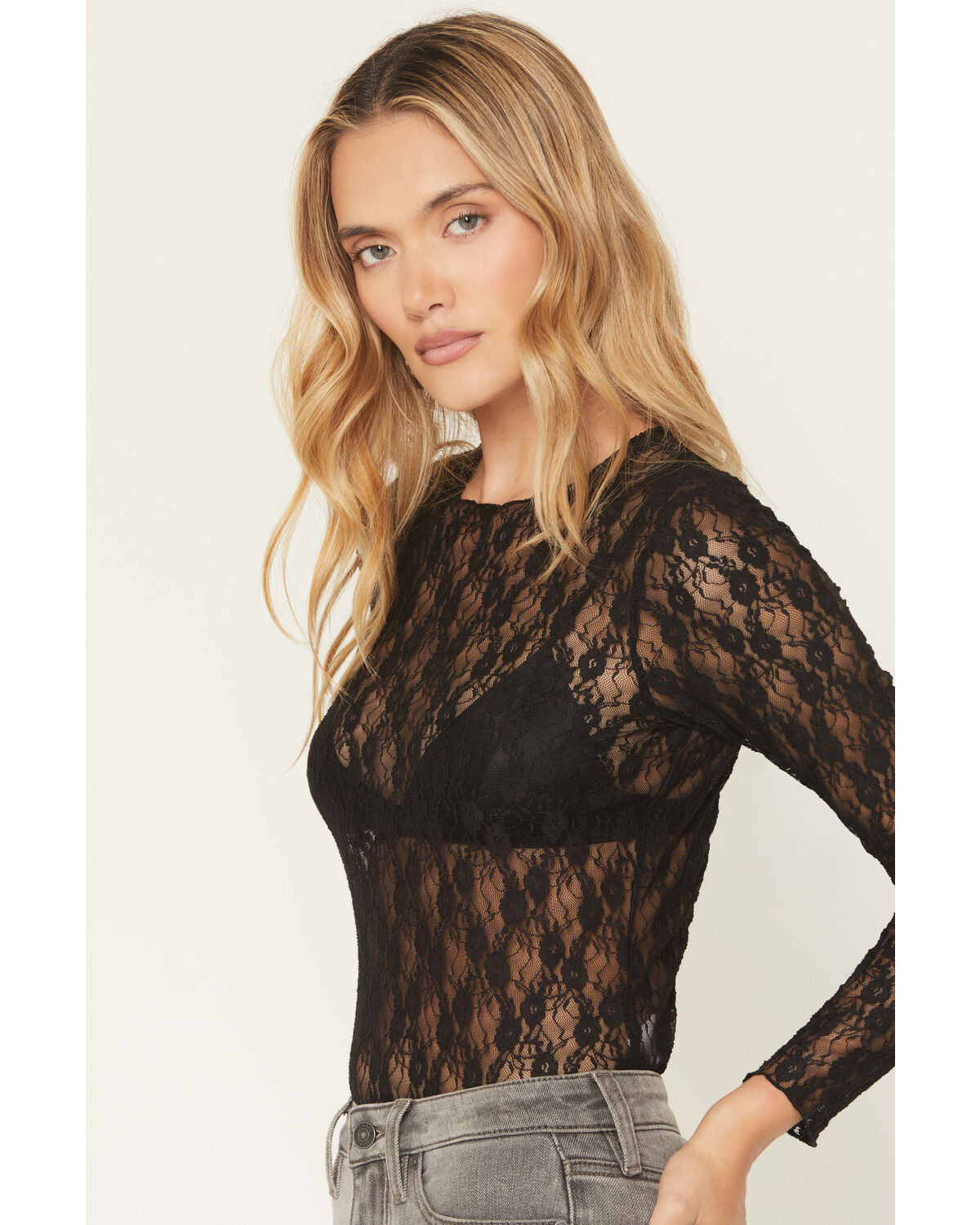 Image #2 - Ash & Violet Women's Solid Lace Long Sleeve Sheer Shirt, Black, hi-res