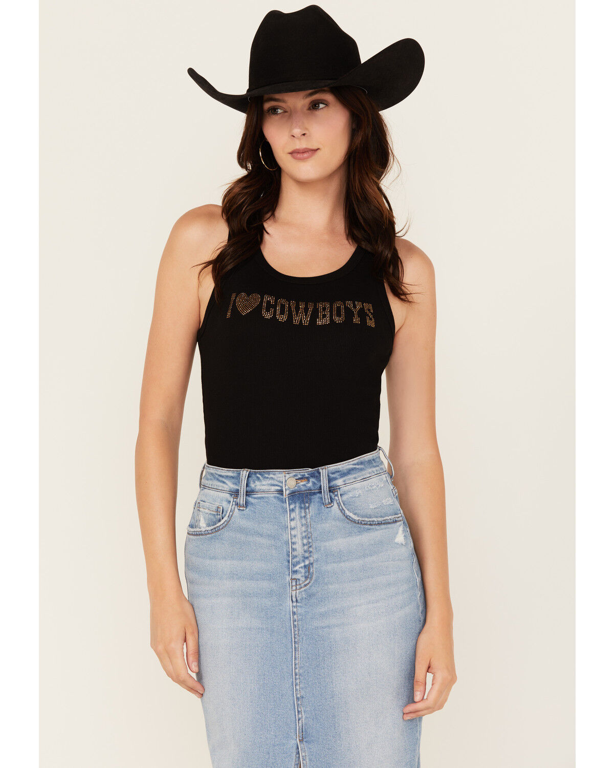 Image #1 - Youth in Revolt Women's I Heart Cowboys Ribbed Tank, Black, hi-res