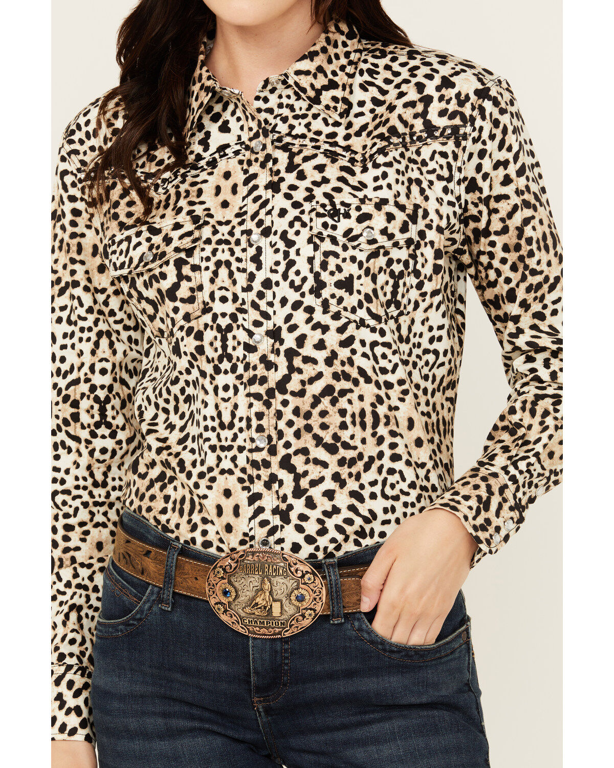 Image #3 - Cowgirl Hardware Women's Leopard Print Long Sleeve Snap Western Shirt, Natural, hi-res