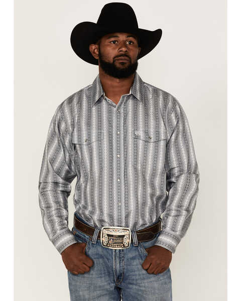 Panhandle Select Men's Zig Zag Print Long Sleeve Pearl Snap Western Shirt , Grey, hi-res