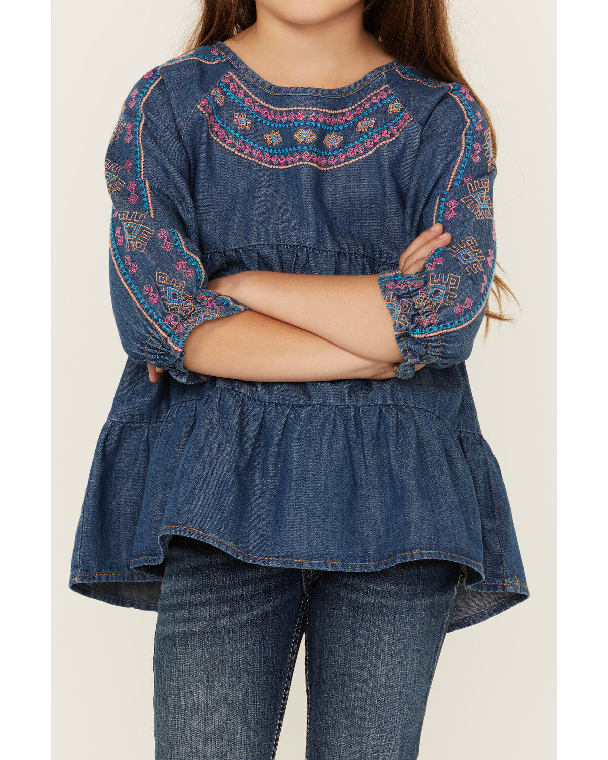 Image #3 - Wrangler Girls' Dark Wash Denim Embroidered Tunic Shirt, Dark Wash, hi-res