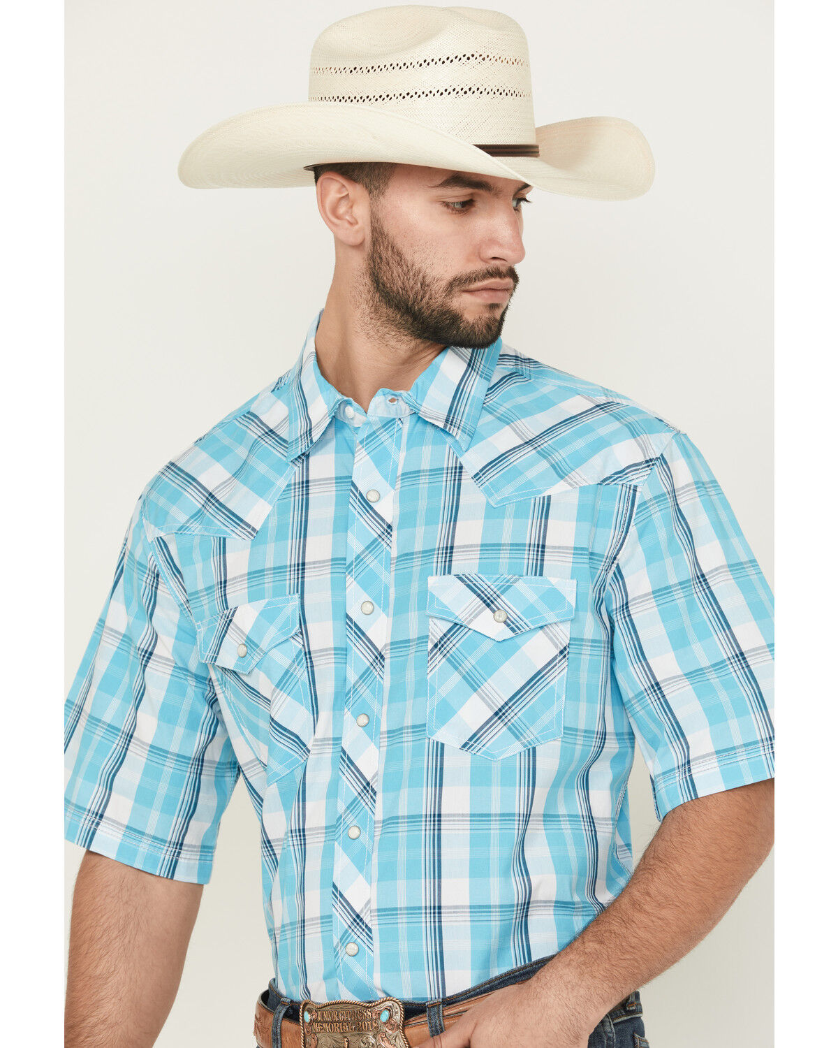 Image #2 - Wrangler Men's 20X Plaid Print Short Sleeve Snap Stretch Western Shirt - Tall, Turquoise, hi-res