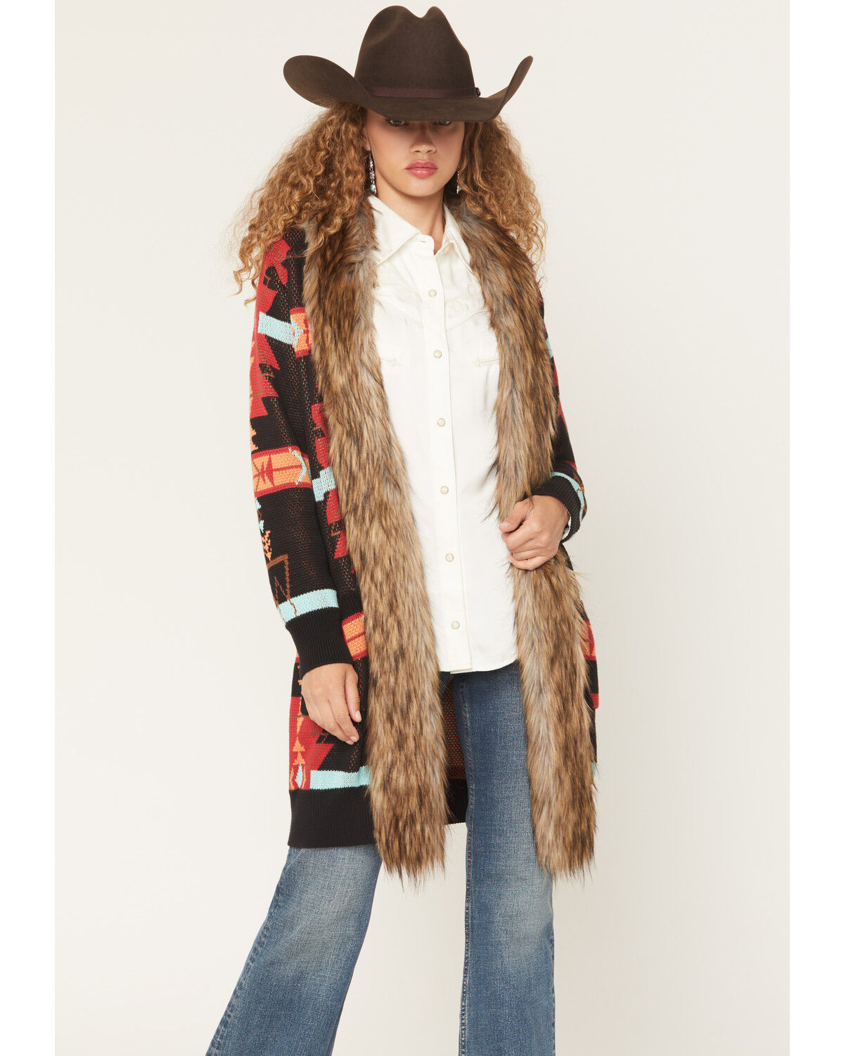 Image #1 - Panhandle Women's Southwestern Print Faux Fur Trim Cardigan, Black, hi-res