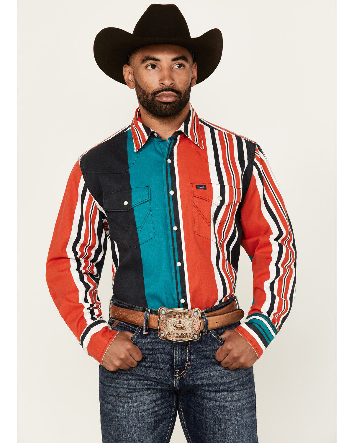 Image #1 - Wrangler Men's Vintage Brushpopper Striped Long Sleeve Snap Western Shirt, , hi-res
