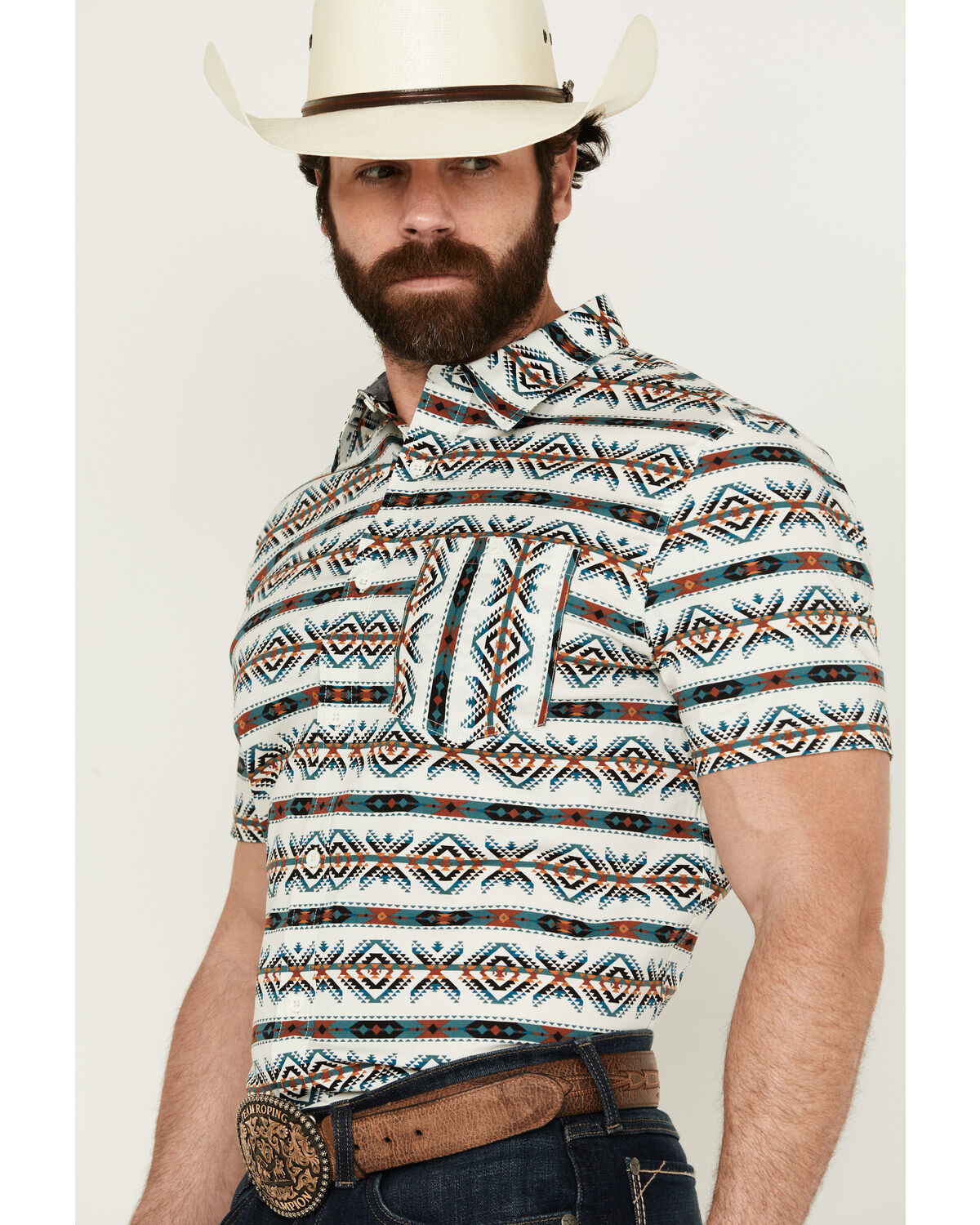 Image #2 - RANK 45® Men's Resurrection Southwestern Print Short Sleeve Button-Down Performance Stretch Western Shirt, Ivory, hi-res