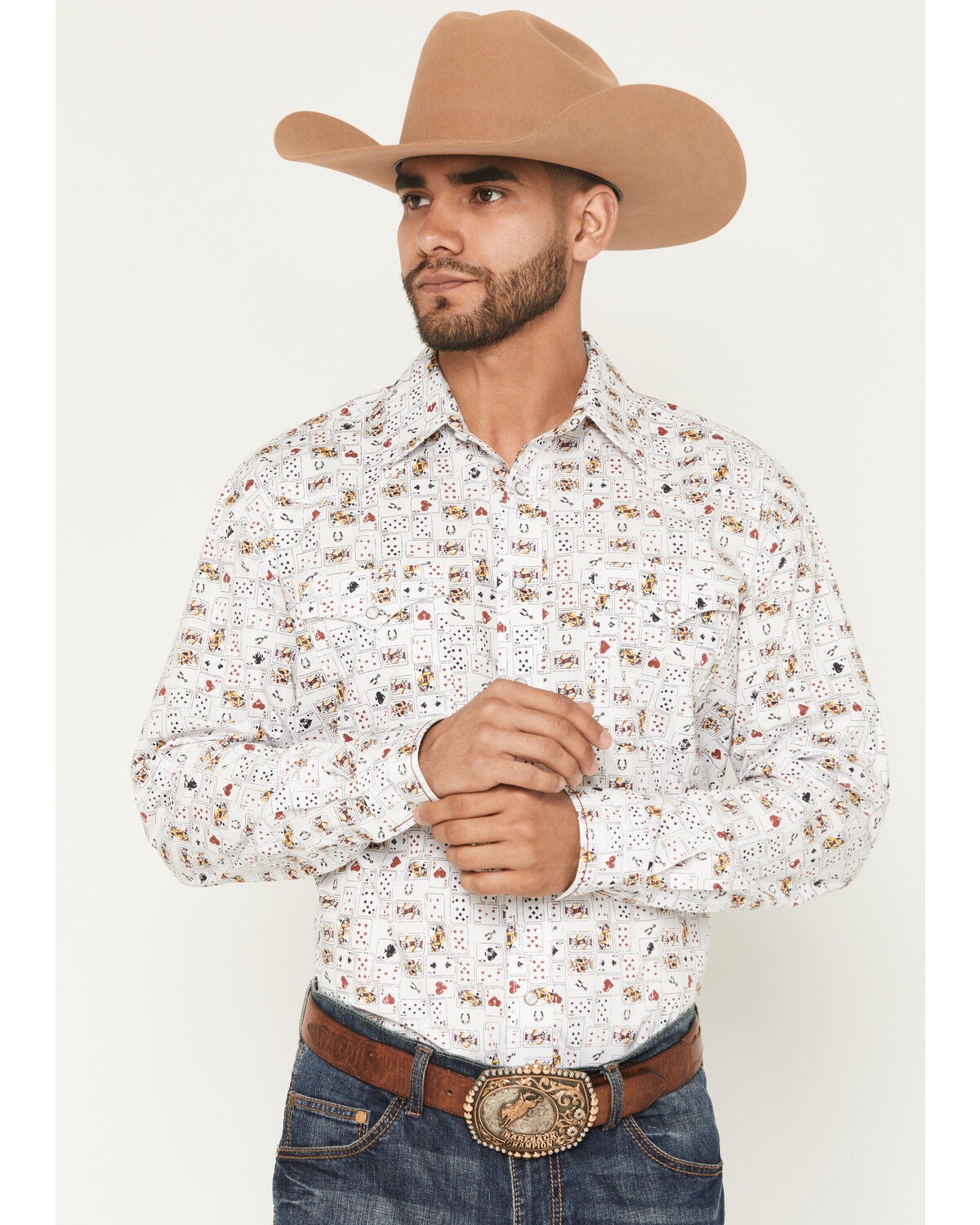 Panhandle Slim Men's Rough Stock Vegas Print Long Sleeve Snap Stretch Western Shirt, White, hi-res