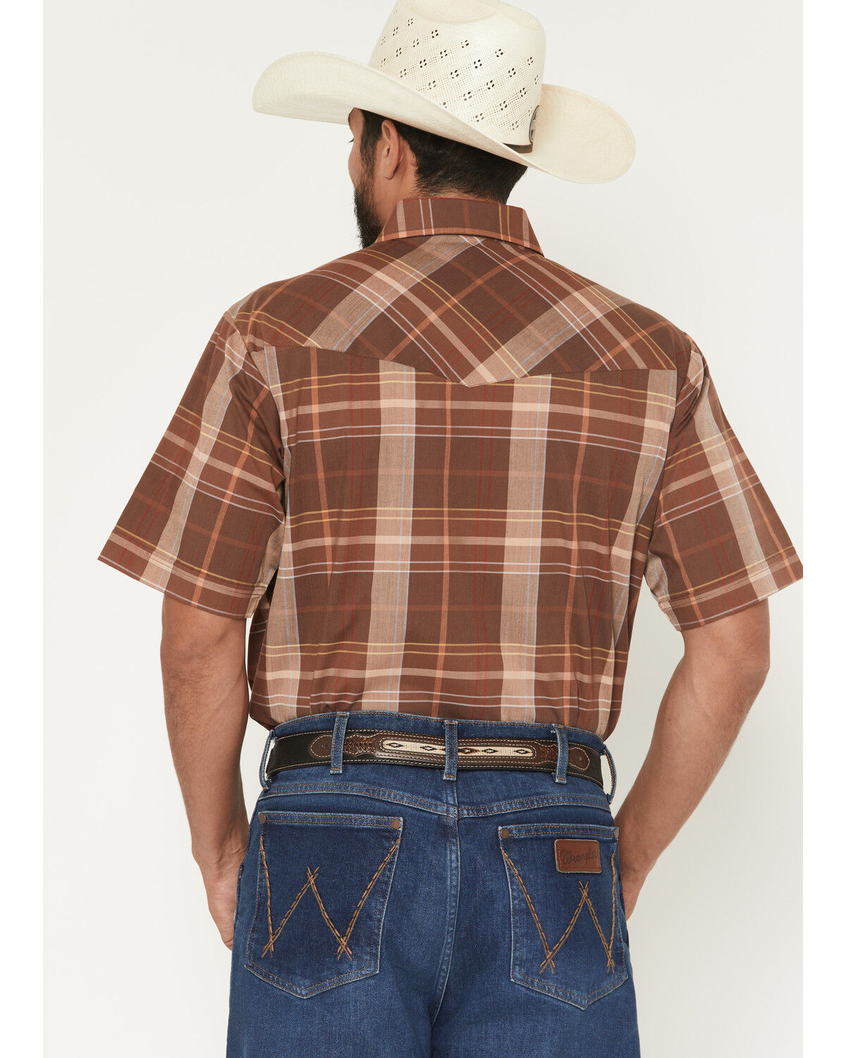 Image #4 - Ely Walker Men's Boot Barn Exclusive Plaid Print Short Sleeve Pearl Snap Western Shirt - Big, Brown, hi-res