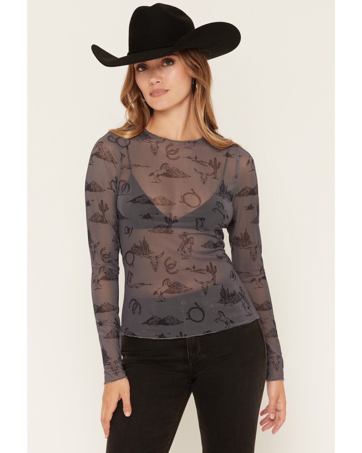 Image #1 - Ash & Violet Women's Conversational Print Long Sleeve Mesh Top, Dark Grey, hi-res