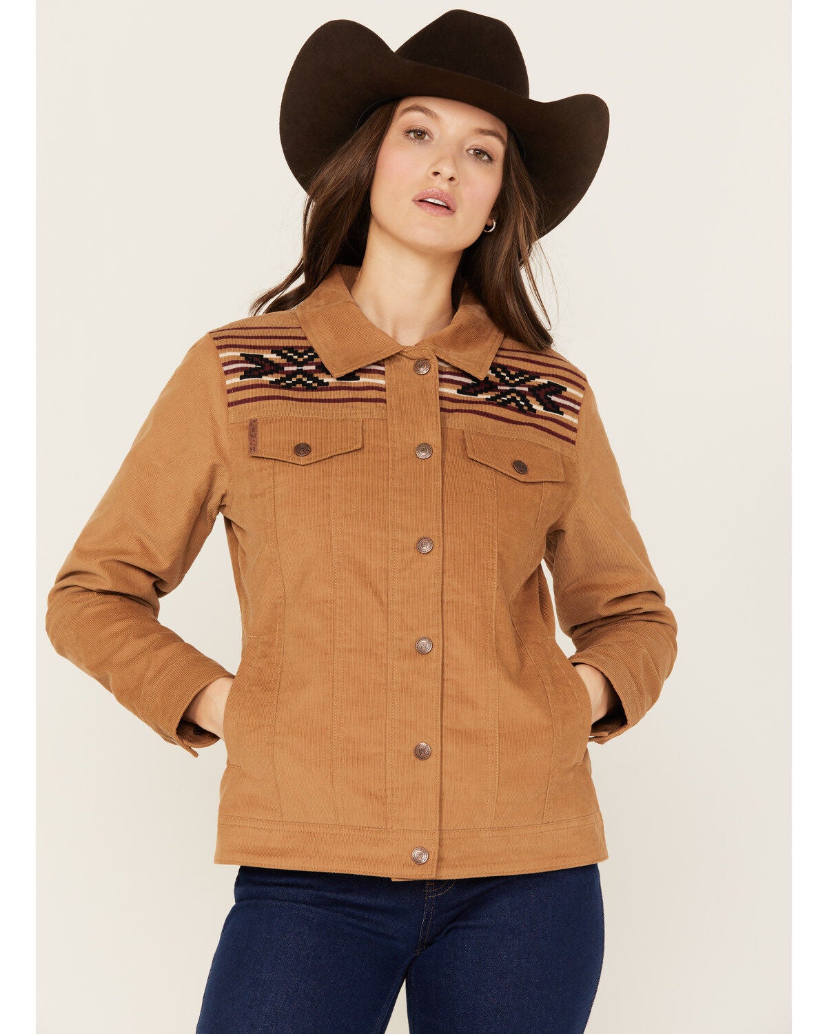 Cinch Women's Southwestern Print Yoke Corduroy Jacket, Dark Brown, hi-res