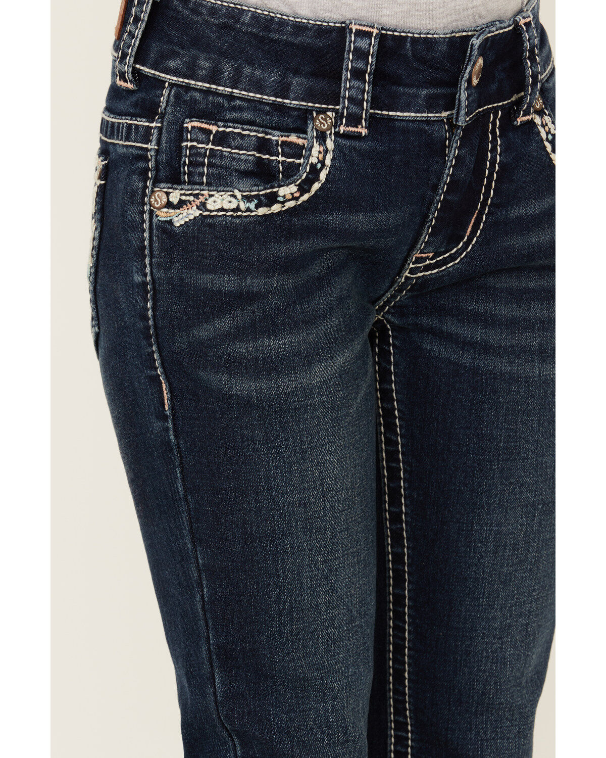 Image #2 - Shyanne Little Girls' Southwestern Floral Border Pocket Stretch Bootcut Denim Jeans, Blue, hi-res
