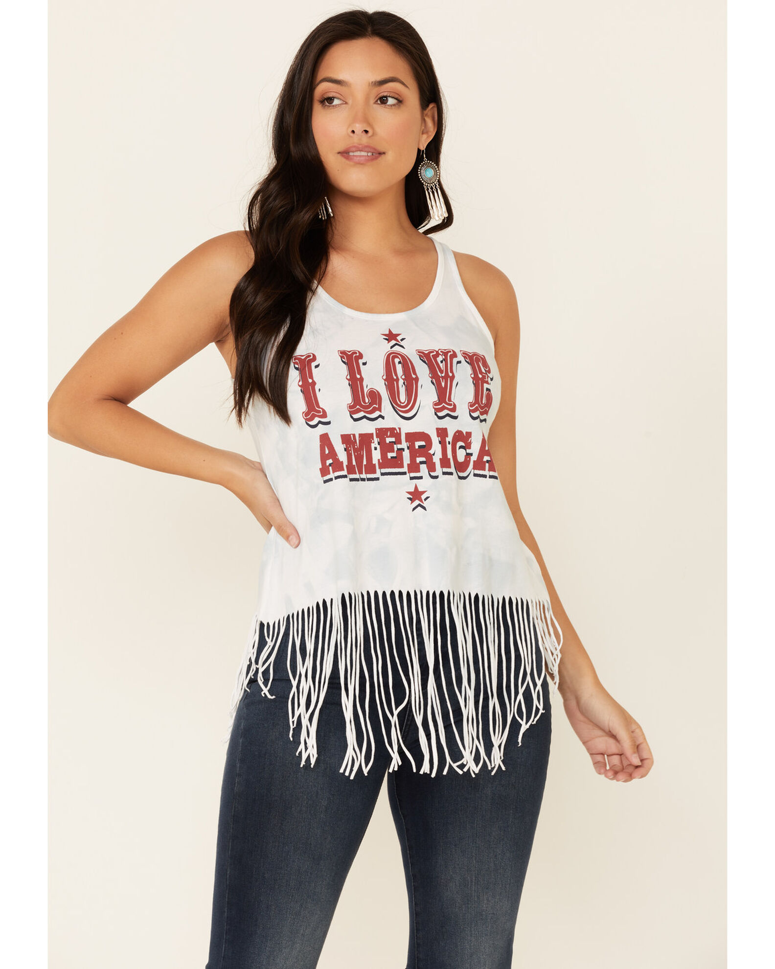Image #1 - Shyanne Women's I Love America Graphic Fringe Hem Tank Top, White, hi-res