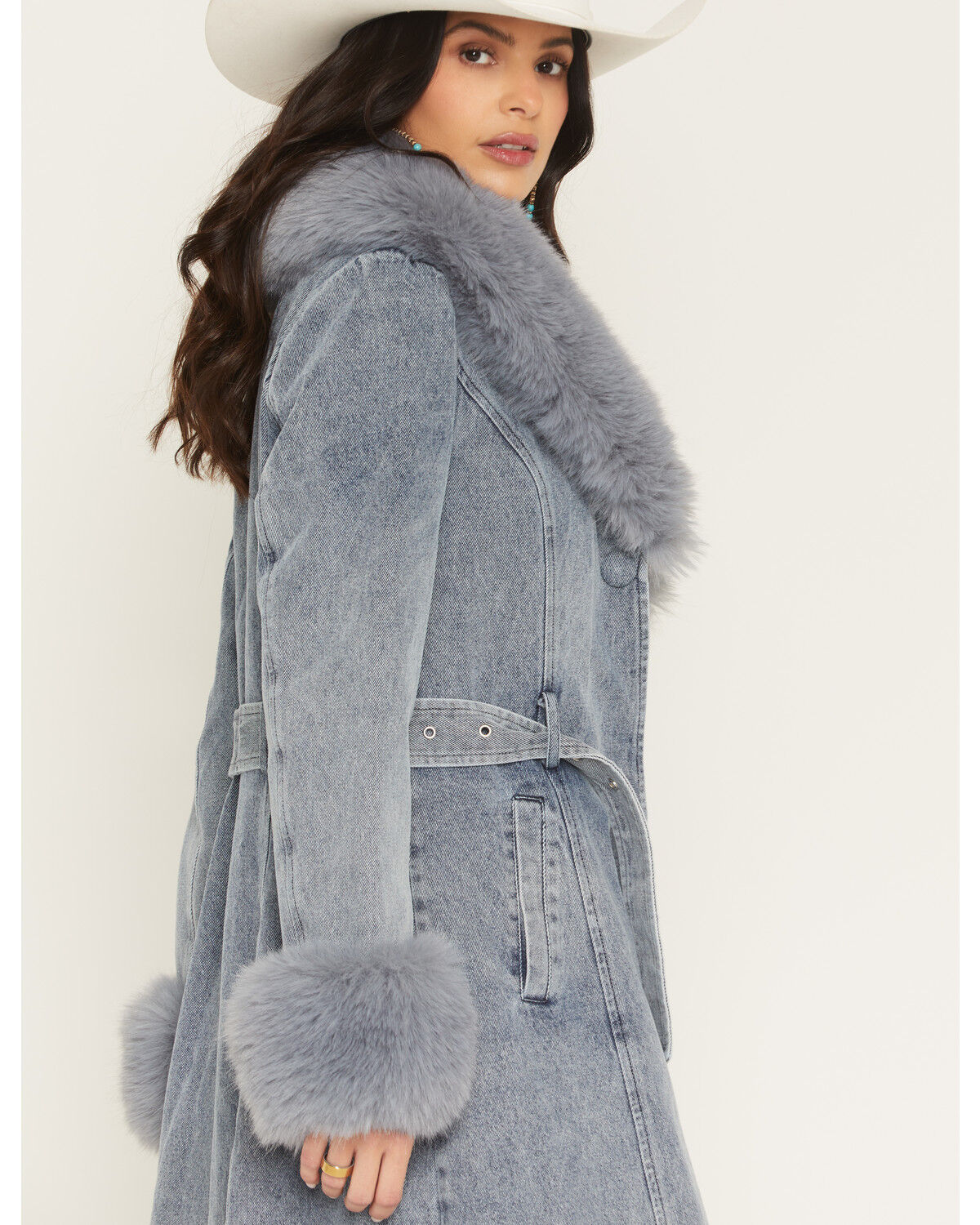 Image #2 - Azalea Wang Women's Kaya Denim Faux Fur Trench Coat, Light Wash, hi-res