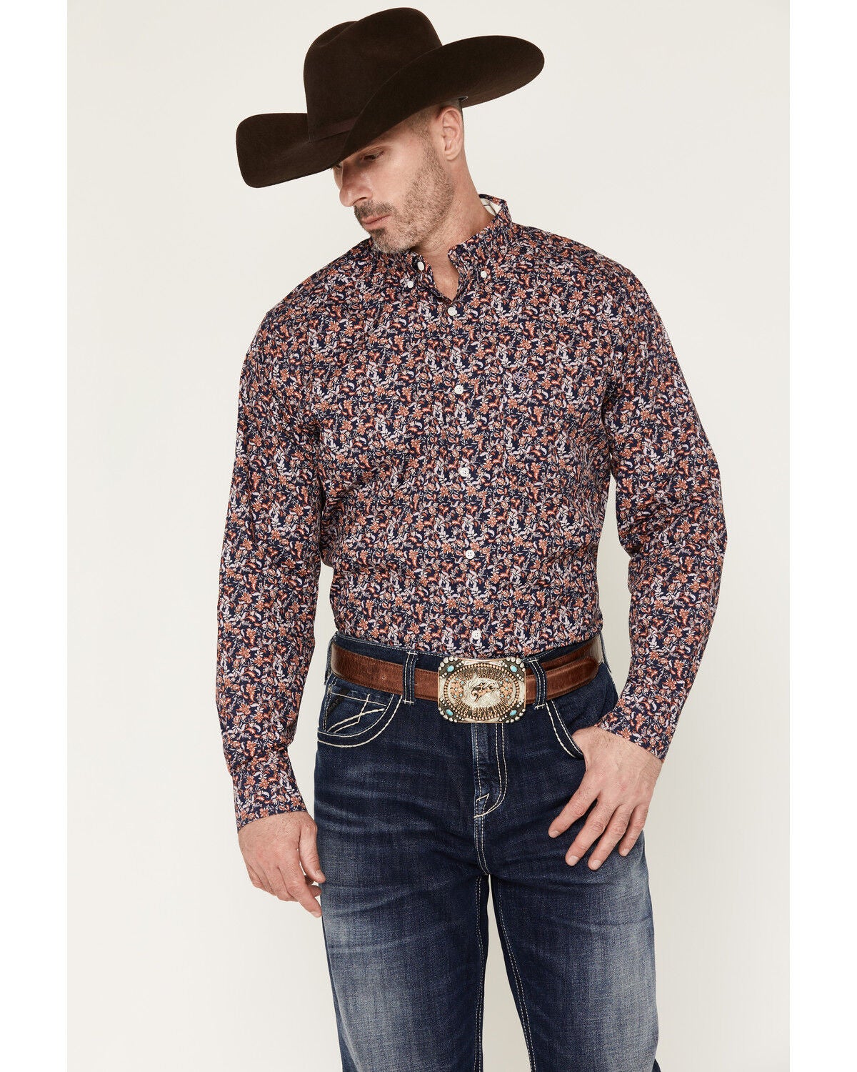 Image #1 - Ariat Men's Ward Floral Print Wrinkle Free Long Sleeve Button-Down Western Shirt, Purple, hi-res