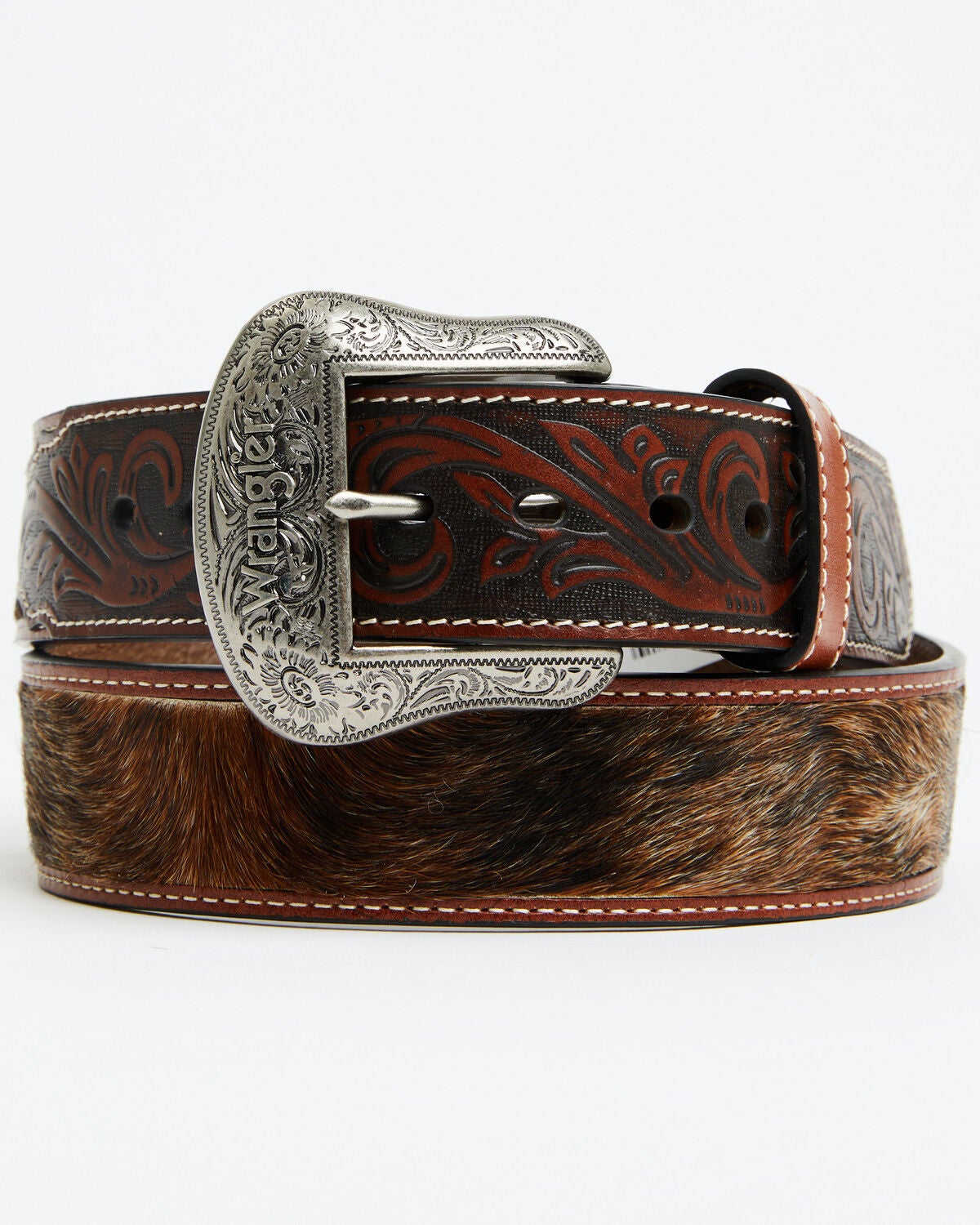 Wrangler Men's Hair-On Embossed Leather Belt, Brown, hi-res