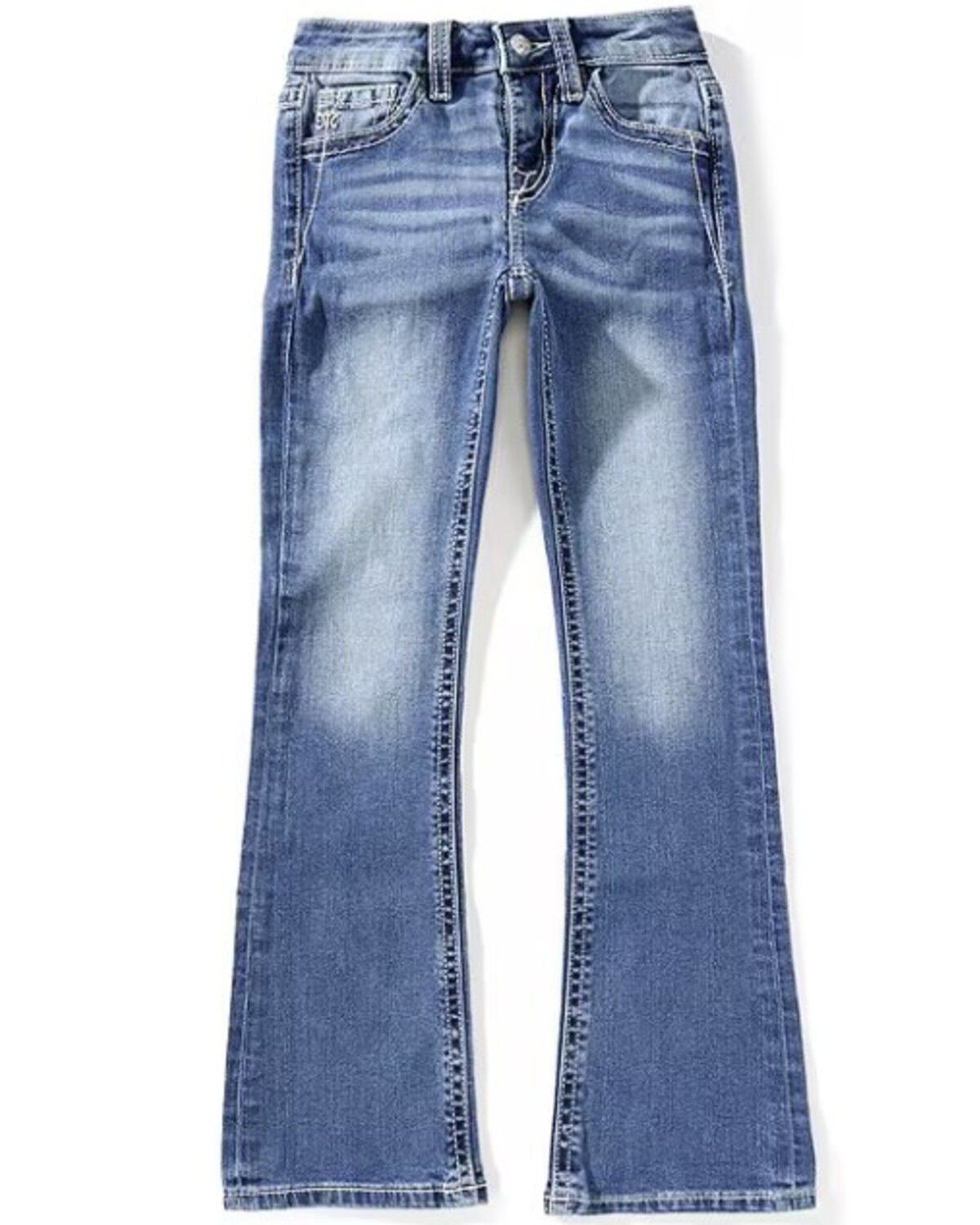 Image #2 - Miss Me Girls' Medium Wash Fleur de Lis Pocket Bootcut Denim Jeans, Medium Wash, hi-res