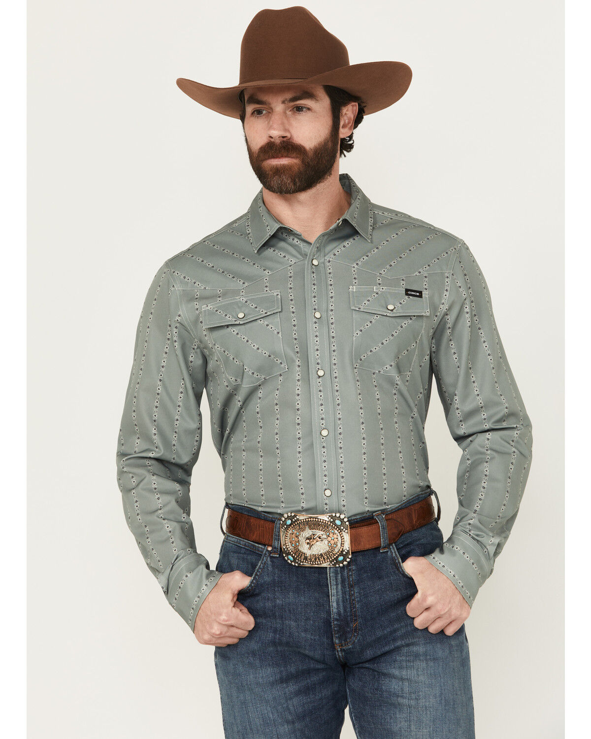 Image #1 - Cinch Men's Floral Striped Long Sleeve Snap Performance Western Shirt, Olive, hi-res