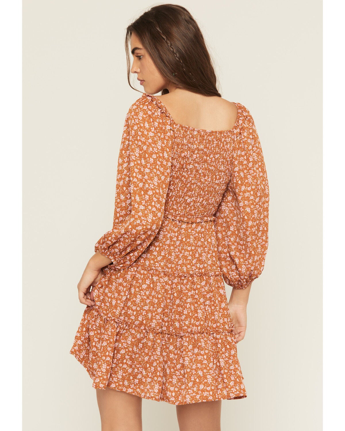 Image #4 - Yura Women's Floral Print Long Sleeve Smocked Mini Dress, Rust Copper, hi-res