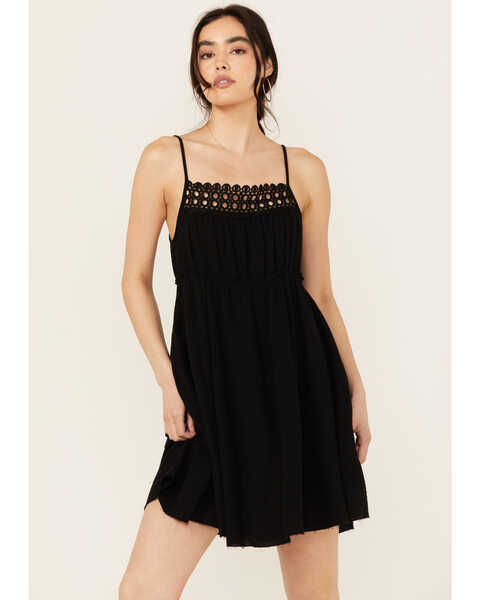 Beyond The Radar Women's Crochet Trim Mini Dress, Black, hi-res