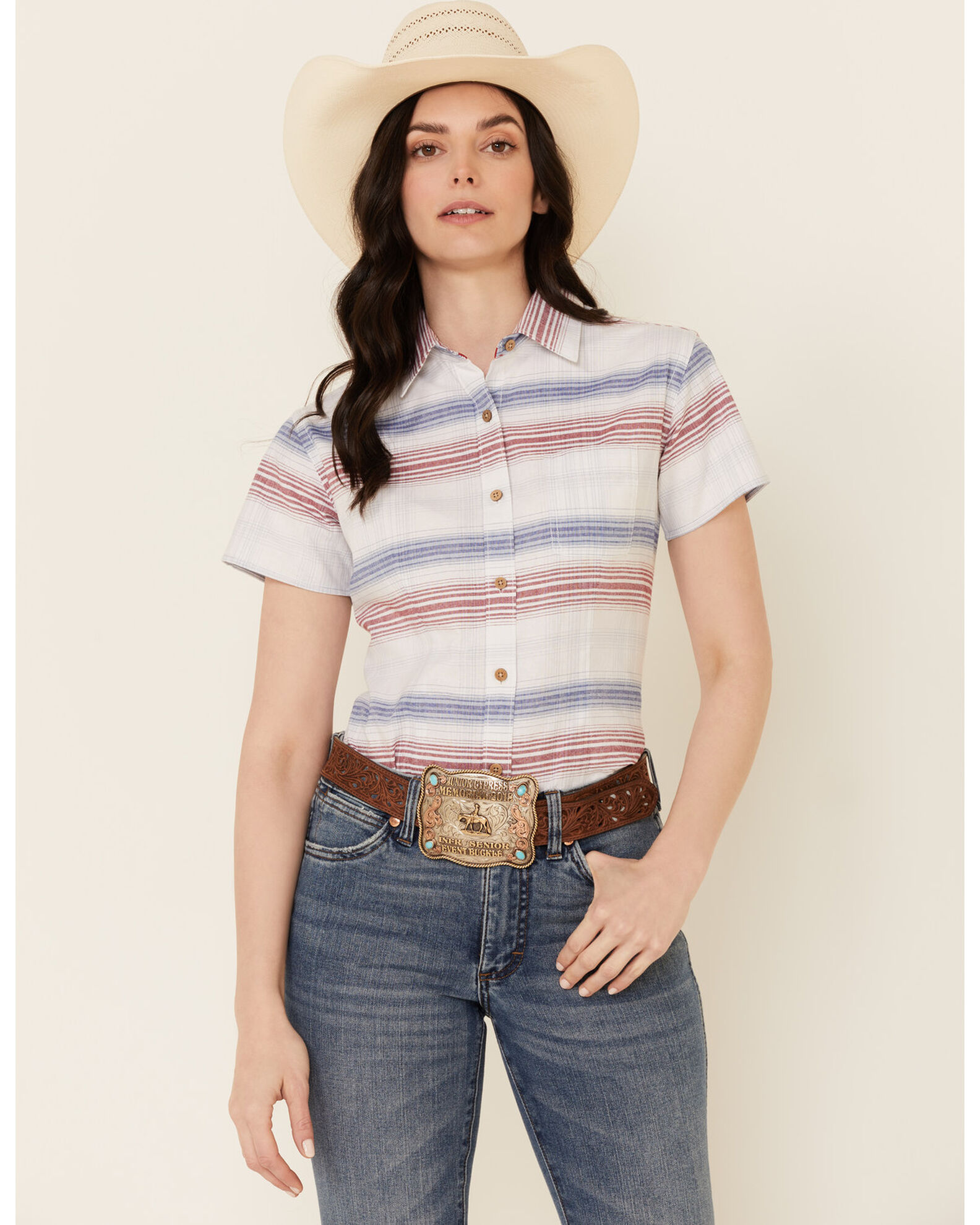 Rough Stock by Panhandle Women s Multi Stripe Short Sleeve Button Down Western Core Shirt
