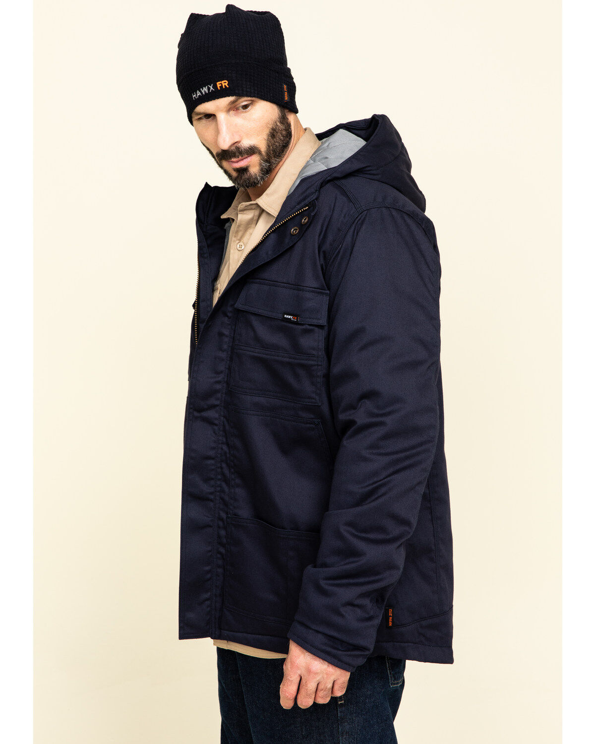 Image #3 - Hawx Men's FR Duck Hooded Work Jacket, Navy, hi-res