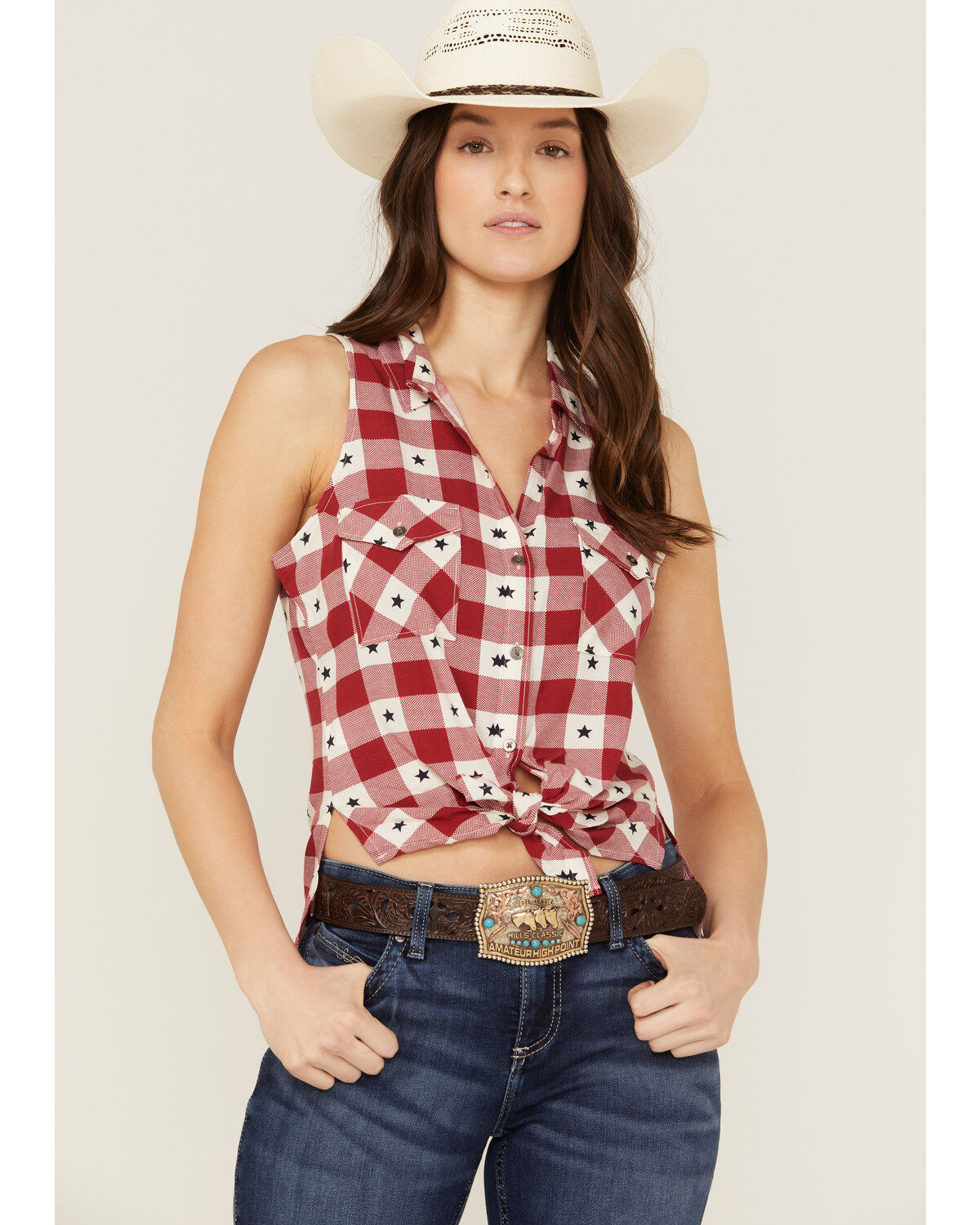 Image #1 - Shyanne Women's Plaid Print Stars America Sleeveless Top, , hi-res
