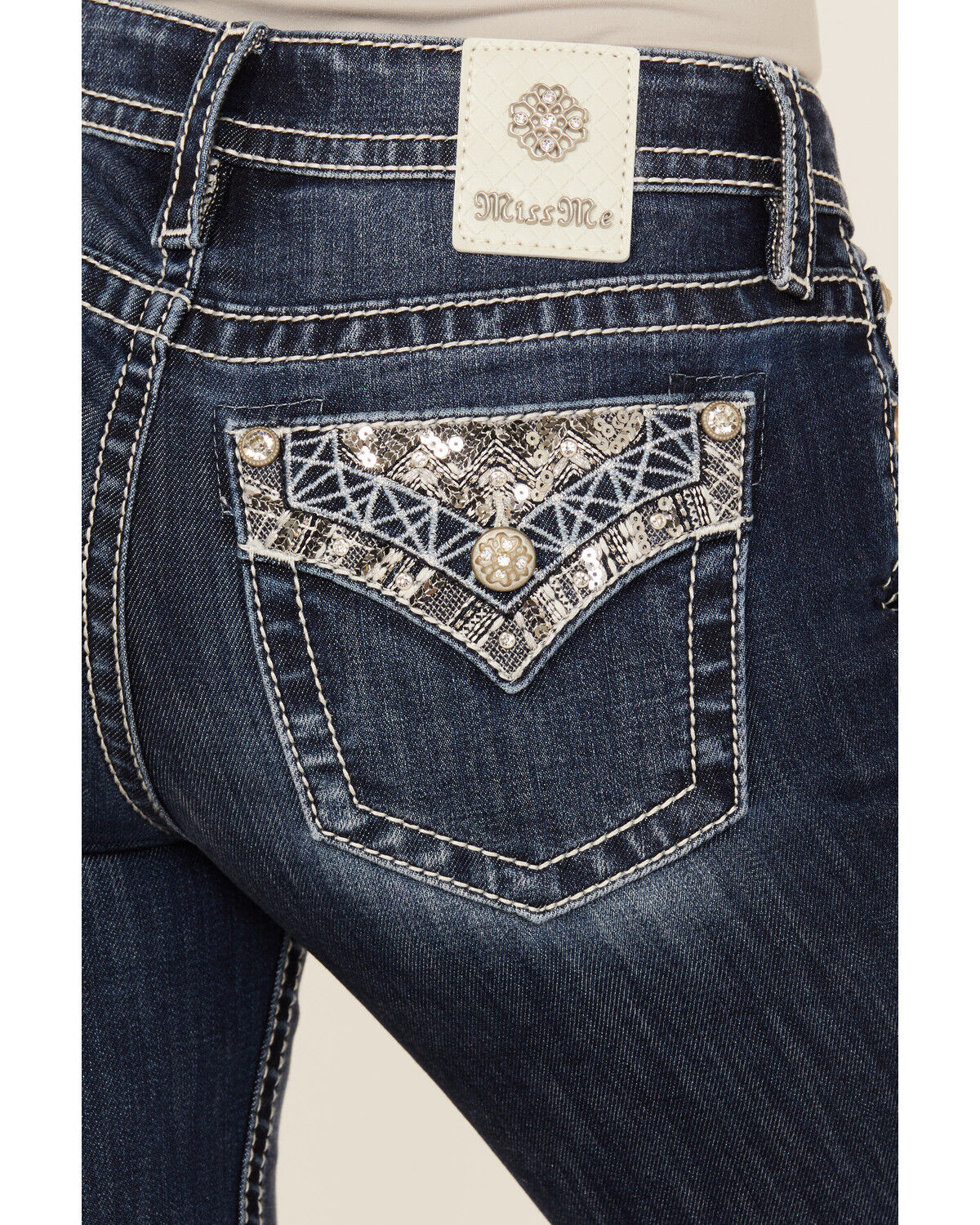 Image #2 - Miss Me Women's Dark Wash Mid Rise Faux Flap Pocket 30" Bootcut Stretch Denim Jeans, Dark Wash, hi-res