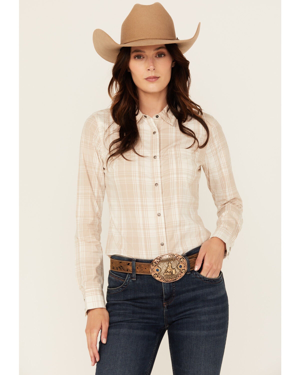 Shyanne Women's Plaid Print Long Sleeve Concho Snap Stretch Western Shirt, Natural, hi-res