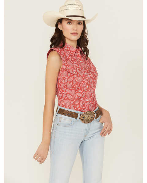 Wrangler Retro Women's Boot Barn Exclusive Paisley Print Sleeveless Pearl Snap Western Shirt, Red, hi-res
