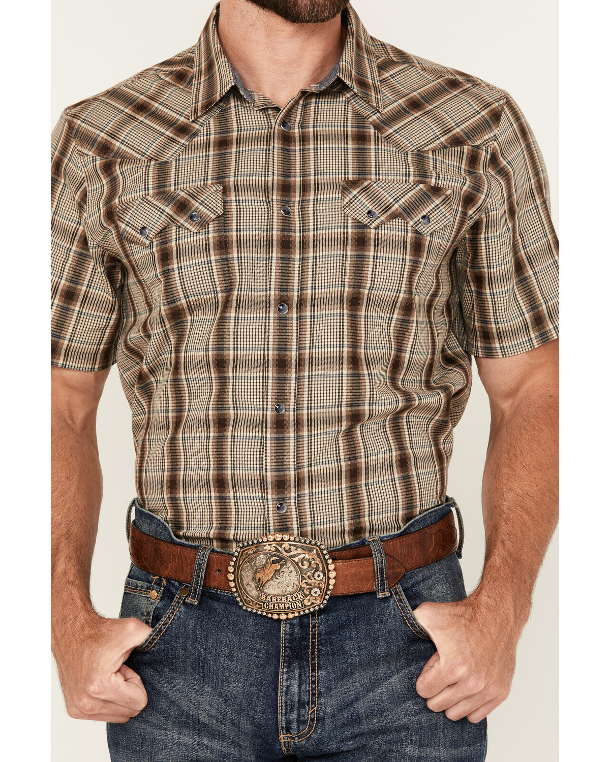 Image #3 - Cody James Men's Poncho Plaid Print Short Sleeve Snap Western Shirt, Brown, hi-res