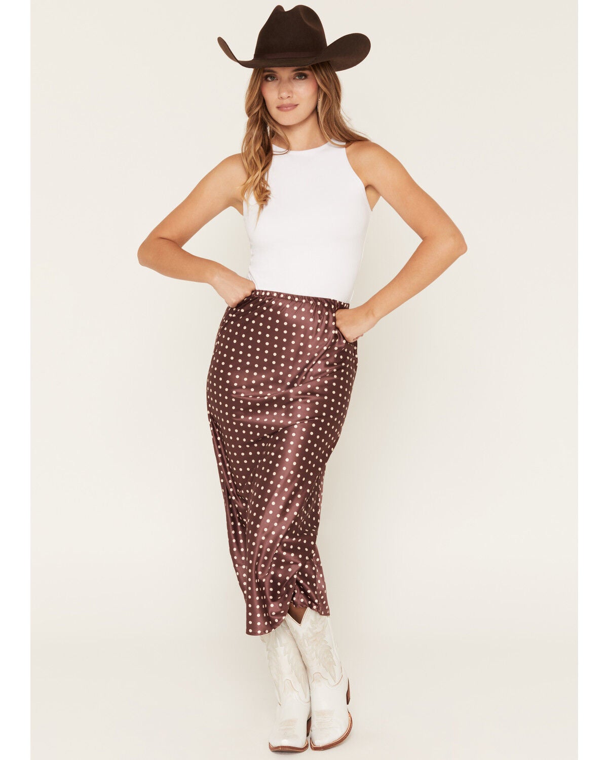 By Together Women's Polka Dot Satin Midi Skirt, Chocolate, hi-res