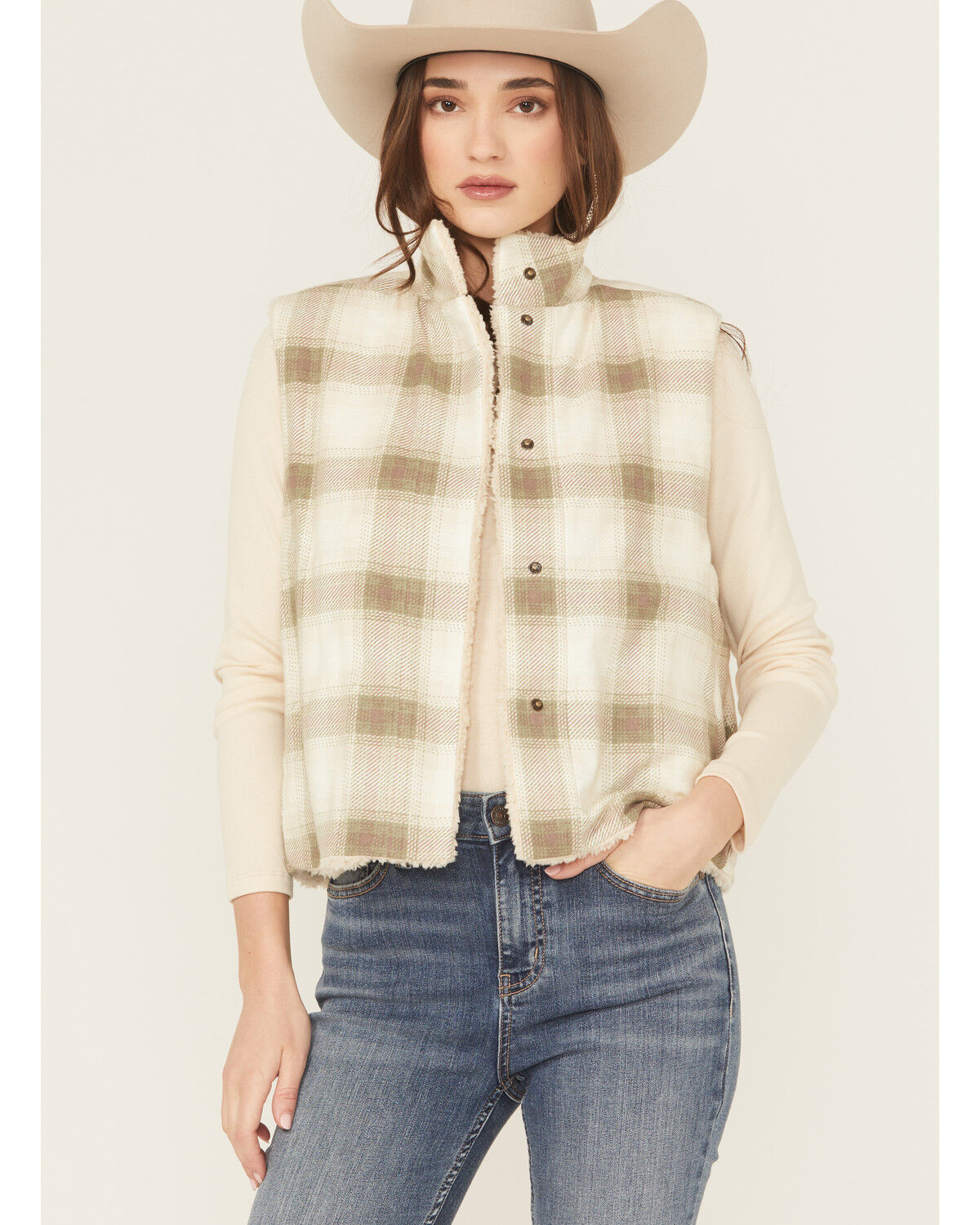 Image #1 - Cleo + Wolf Women's Reversible Sherpa Vest, Moss Green, hi-res
